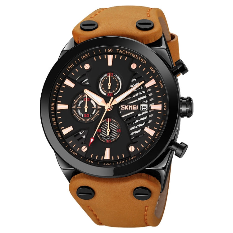 SKMEI 9282 Stainless Steel Buckle Leather Strap Waterproof Quartz Watch