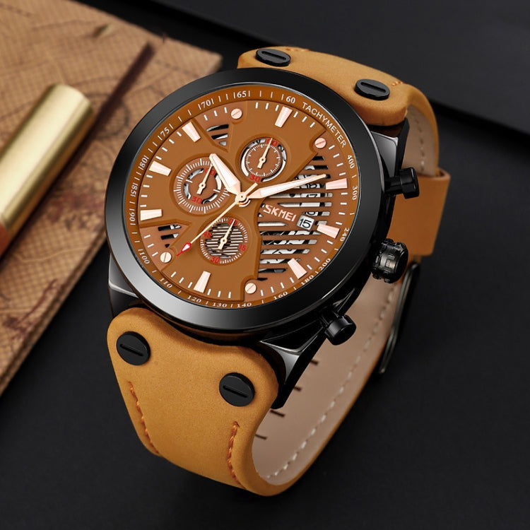 SKMEI 9282 Stainless Steel Buckle Leather Strap Waterproof Quartz Watch