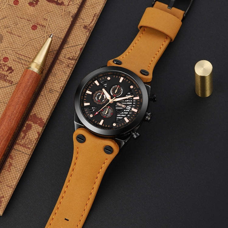 SKMEI 9282 Stainless Steel Buckle Leather Strap Waterproof Quartz Watch