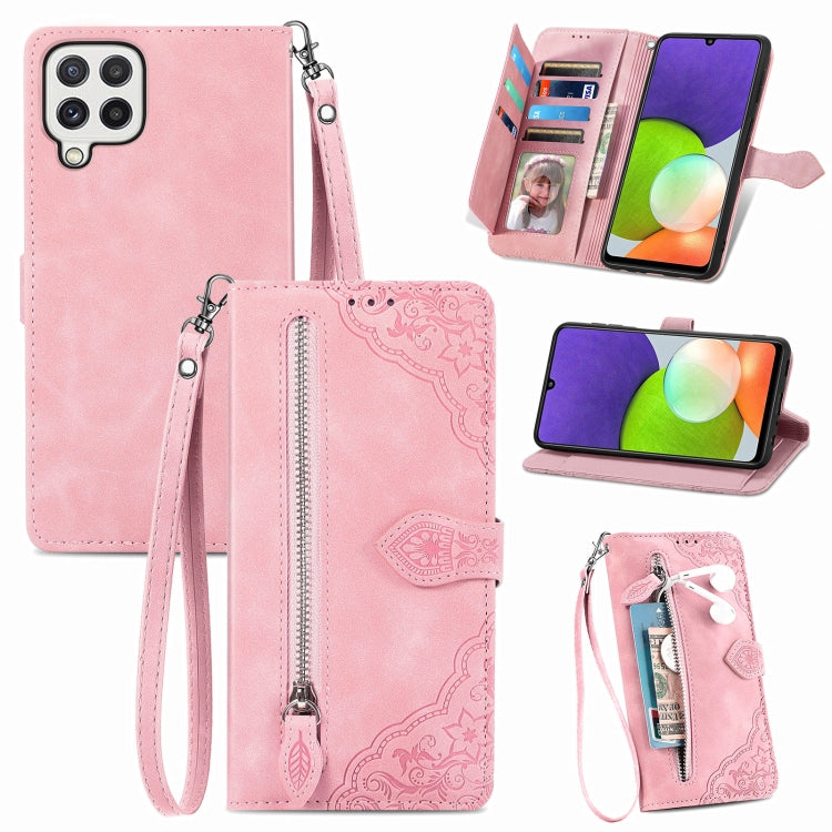 For Samsung Galaxy A22 4G Embossed Flower Shockproof Leather Phone Case