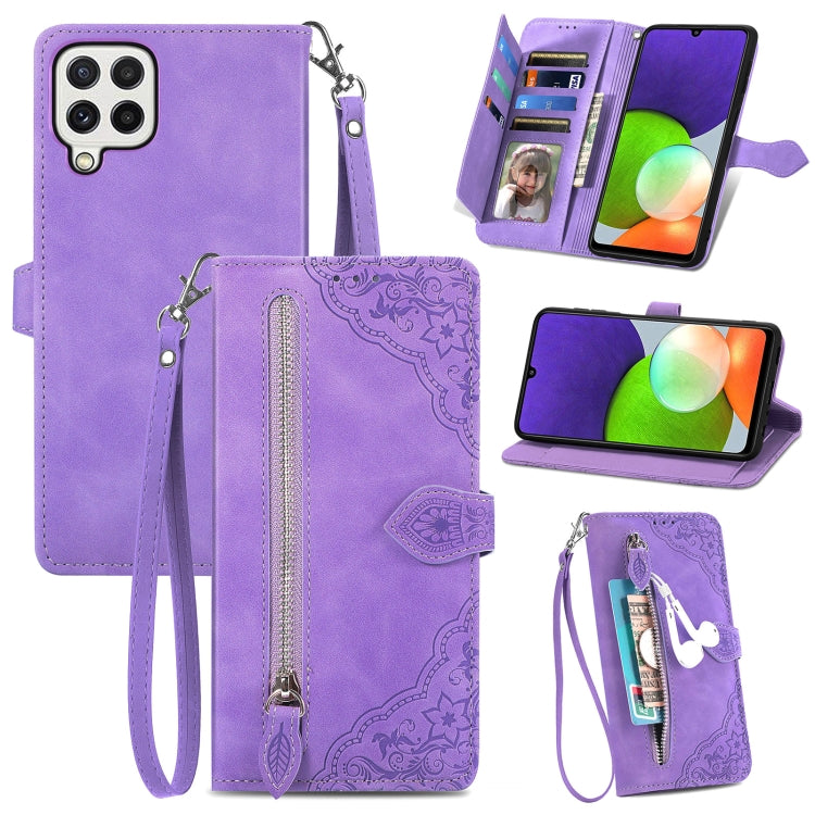 For Samsung Galaxy A22 4G Embossed Flower Shockproof Leather Phone Case