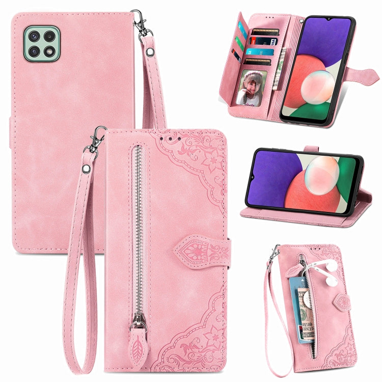For Samsung Galaxy A22 5G Embossed Flower Shockproof Leather Phone Case