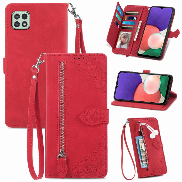 For Samsung Galaxy A22 5G Embossed Flower Shockproof Leather Phone Case