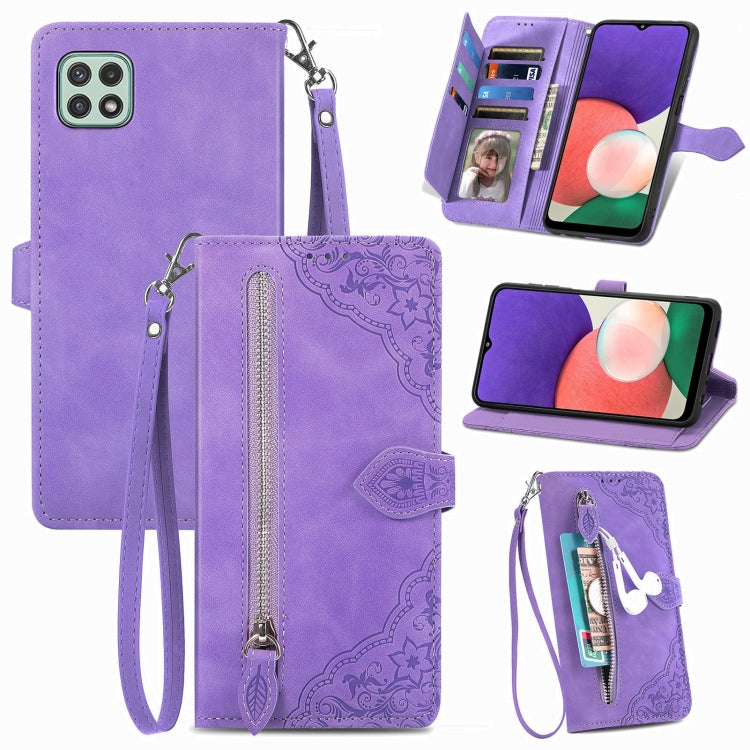 For Samsung Galaxy A22 5G Embossed Flower Shockproof Leather Phone Case