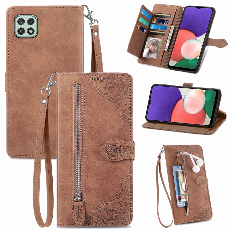 For Samsung Galaxy A22 5G Embossed Flower Shockproof Leather Phone Case