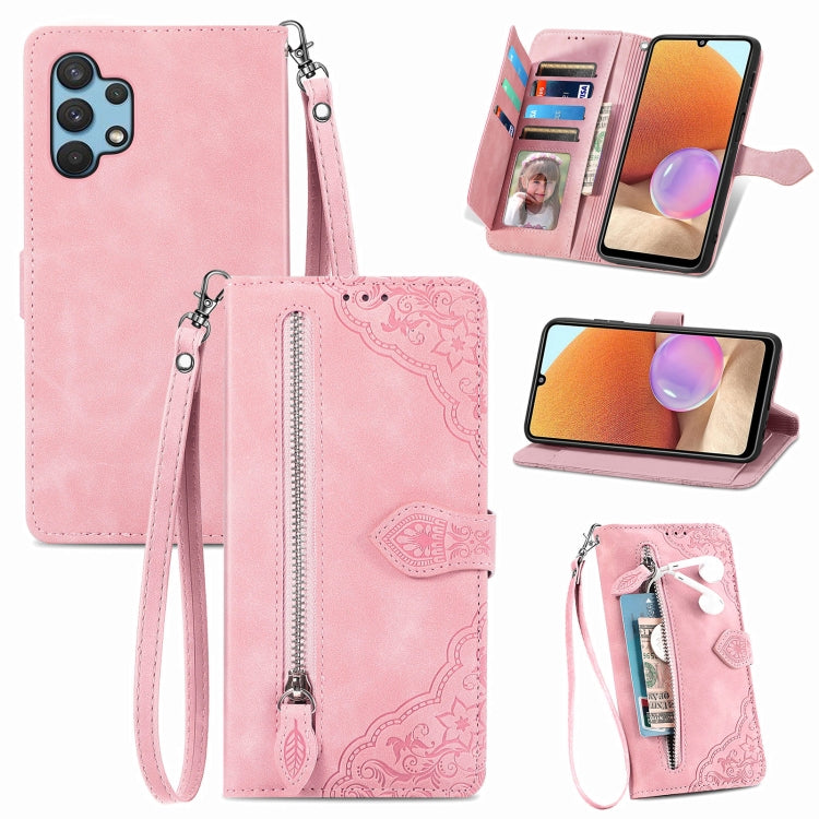 For Samsung Galaxy A32 4G Embossed Flower Shockproof Leather Phone Case