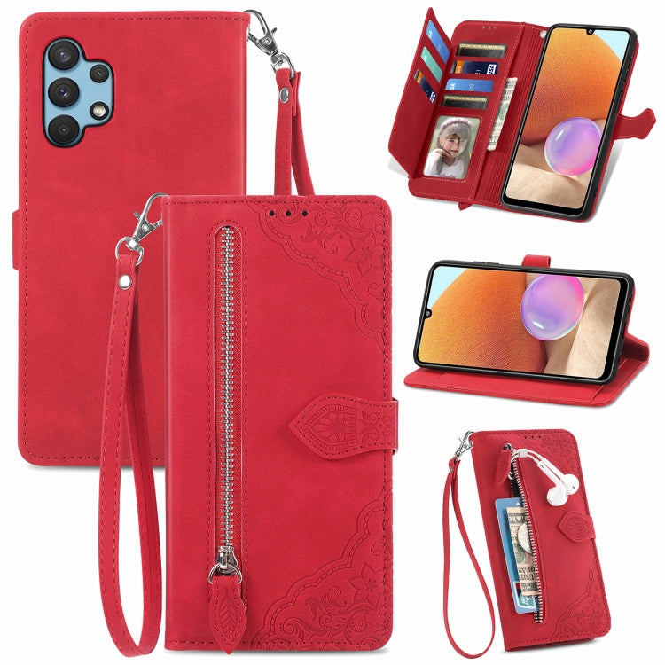 For Samsung Galaxy A32 4G Embossed Flower Shockproof Leather Phone Case