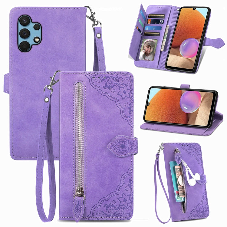 For Samsung Galaxy A32 4G Embossed Flower Shockproof Leather Phone Case