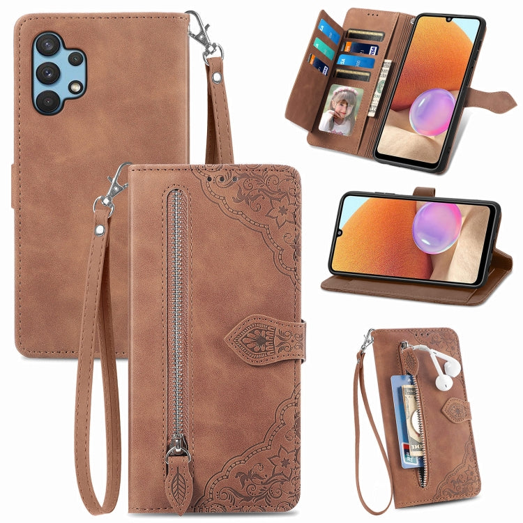 For Samsung Galaxy A32 4G Embossed Flower Shockproof Leather Phone Case
