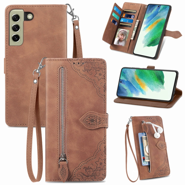 For Samsung Galaxy S21 FE 5G Embossed Flower Shockproof Leather Phone Case