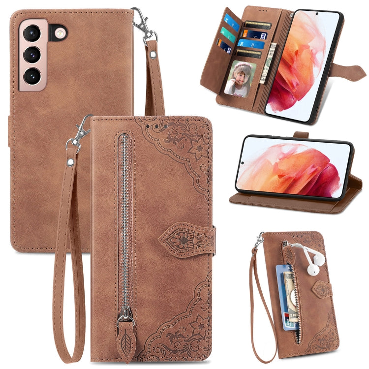 For Samsung Galaxy S21+ 5G Embossed Flower Shockproof Leather Phone Case