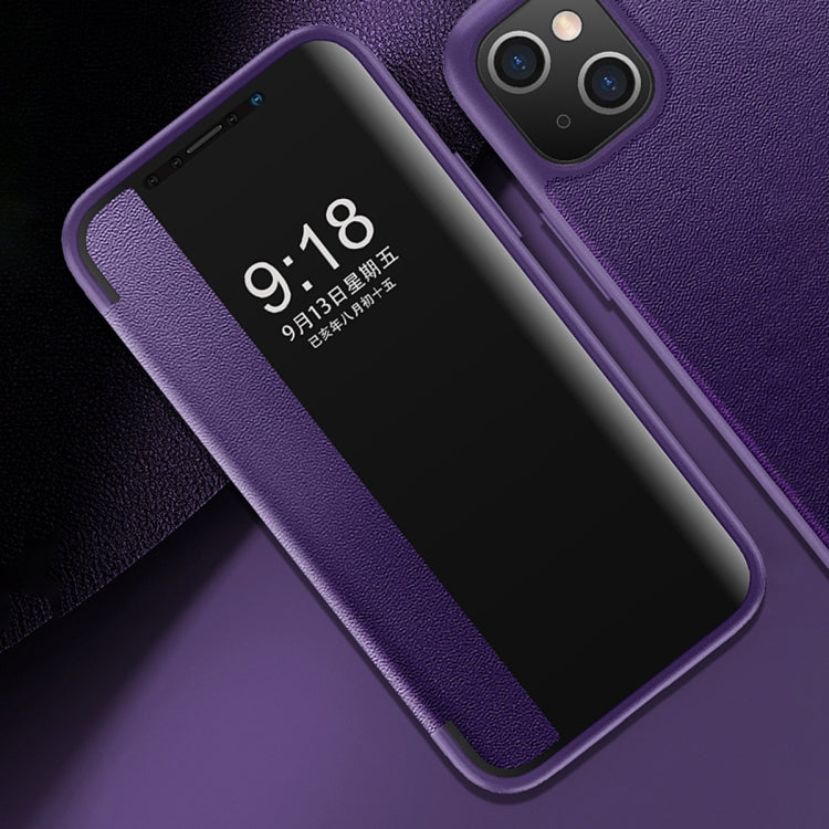 For iPhone 14 Plus Magnetic Side Window View Shockproof Horizontal Flip Leather Case