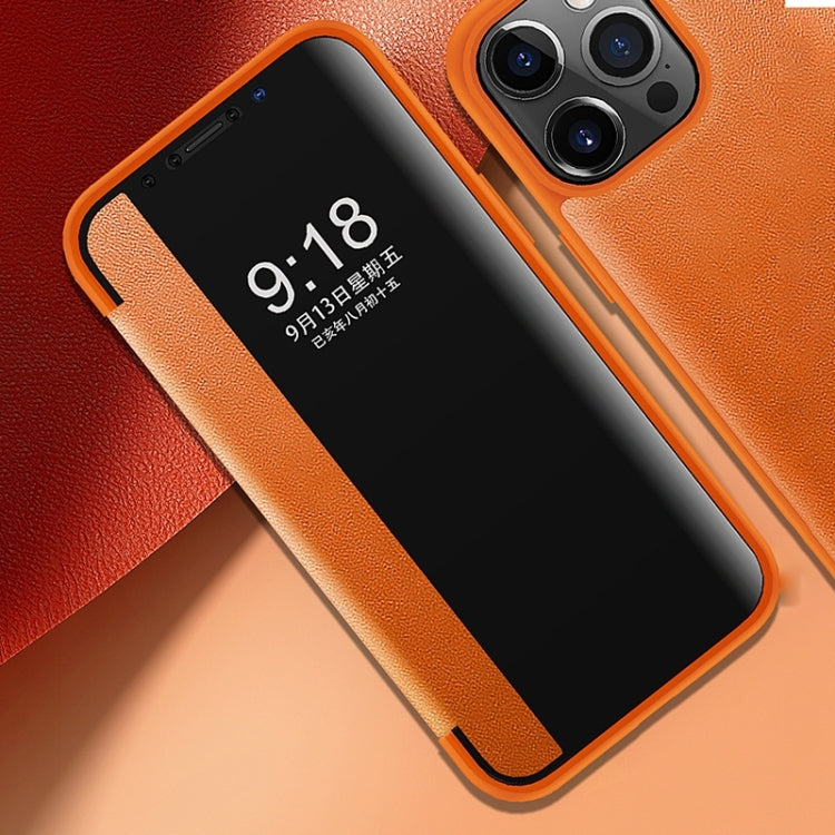 For iPhone 14 Pro Max Magnetic Side Window View Shockproof Horizontal Flip Leather Case