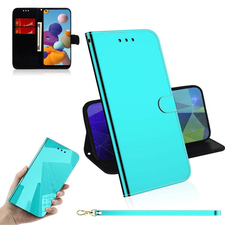 For Galaxy A21 Lmitated Mirror Surface Horizontal Flip Leather Case with Holder & Card Slots & Wallet & Lanyard