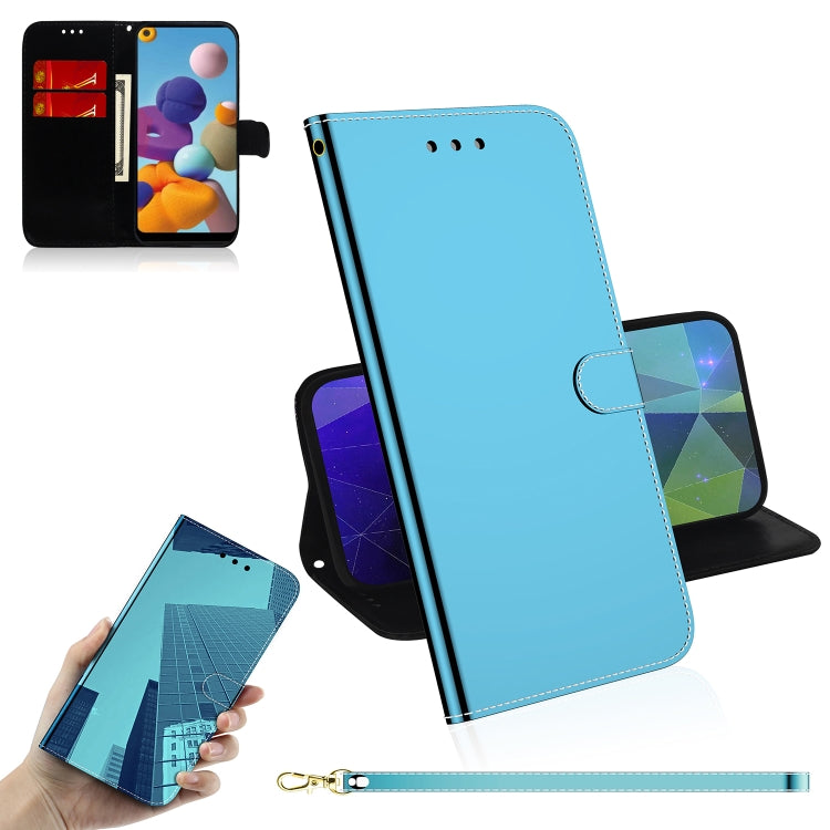 For Galaxy A21 Lmitated Mirror Surface Horizontal Flip Leather Case with Holder & Card Slots & Wallet & Lanyard