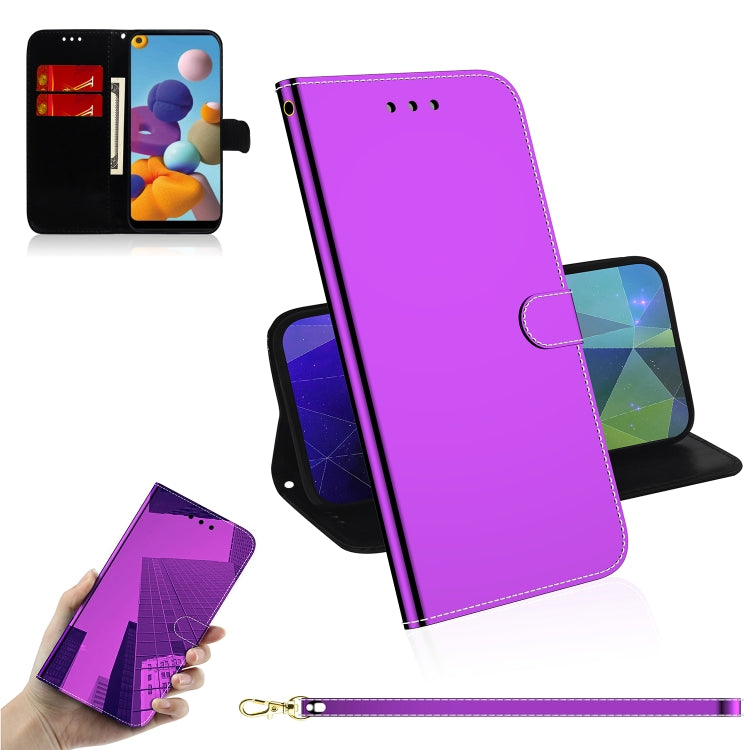 For Galaxy A21 Lmitated Mirror Surface Horizontal Flip Leather Case with Holder & Card Slots & Wallet & Lanyard
