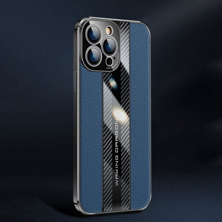 For iPhone 14 Pro Max Racing Car Design Leather Electroplating Process Anti-fingerprint Protective Phone Case (Blue)