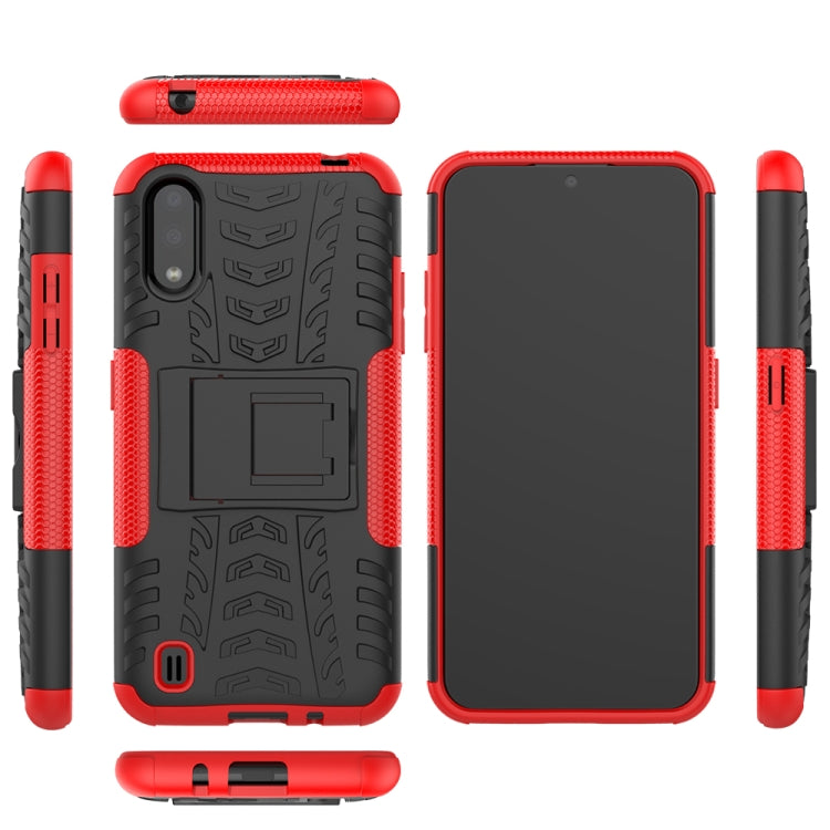 For Galaxy A01 Tire Texture Shockproof TPU+PC Protective Case with Holder