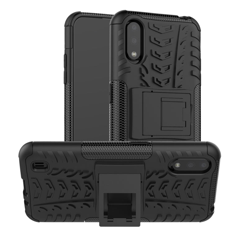 For Galaxy A01 Tire Texture Shockproof TPU+PC Protective Case with Holder