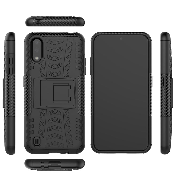 For Galaxy A01 Tire Texture Shockproof TPU+PC Protective Case with Holder