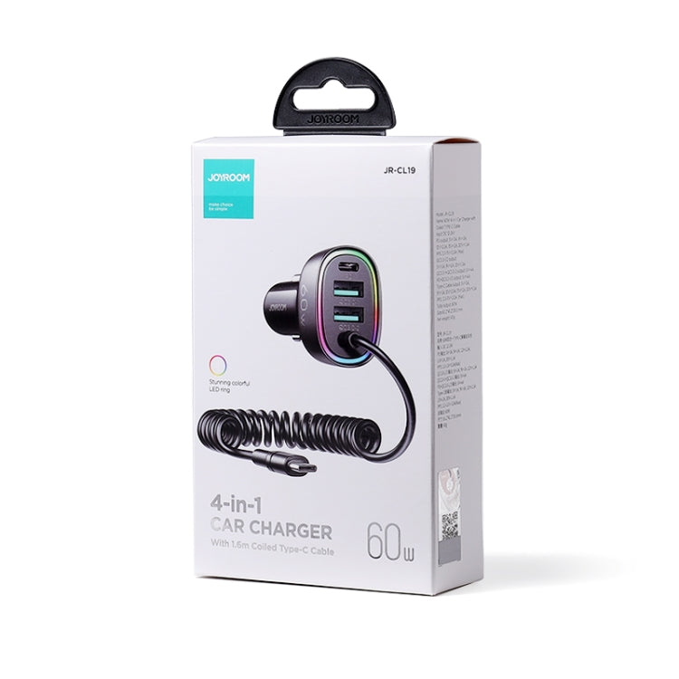 JOYROOM JR-CL19 60W 4 in 1 Car Charger with Type-C Coiled Data Cable(Black)