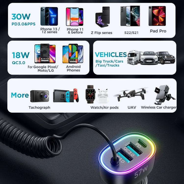 JOYROOM JR-CL20 57W 4 in 1 Car Charger with 8 Pin Coiled Data Cable(Black)