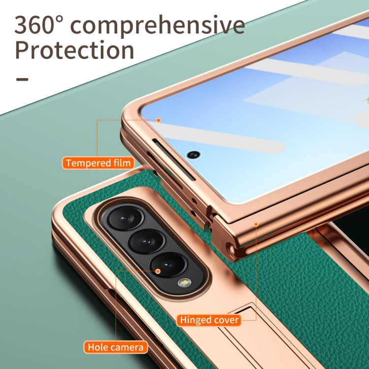 For Samsung Galaxy Z Fold4 Litchi Texture Leather Hinged Electroplated Phone Case with Pen