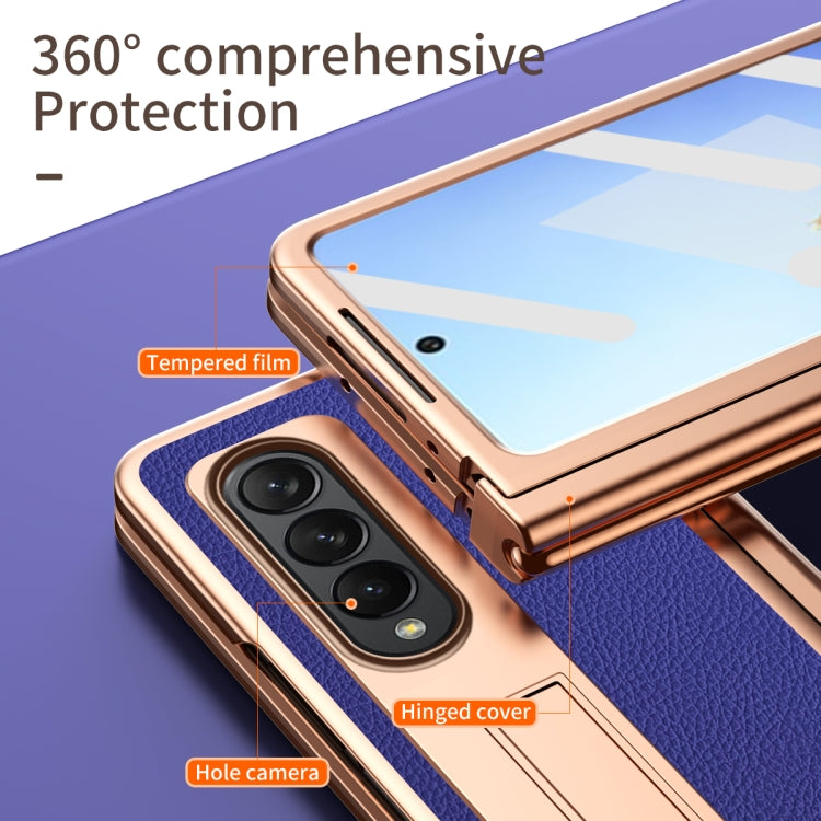 For Samsung Galaxy Z Fold4 Litchi Texture Leather Hinged Electroplated Phone Case with Pen