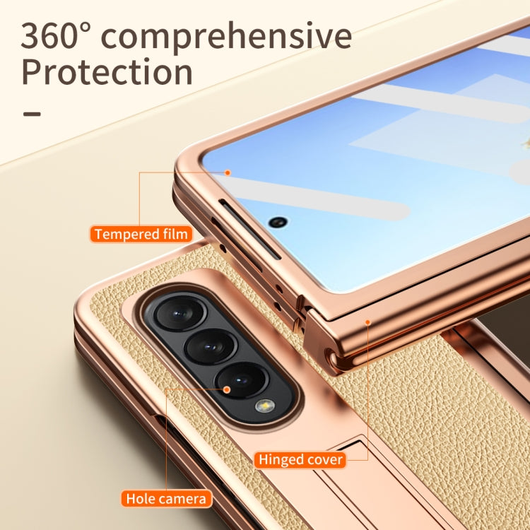 For Samsung Galaxy Z Fold4 Litchi Texture Leather Hinged Electroplated Phone Case with Pen