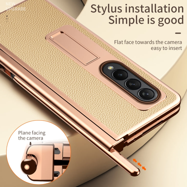 For Samsung Galaxy Z Fold4 Litchi Texture Leather Hinged Electroplated Phone Case with Pen