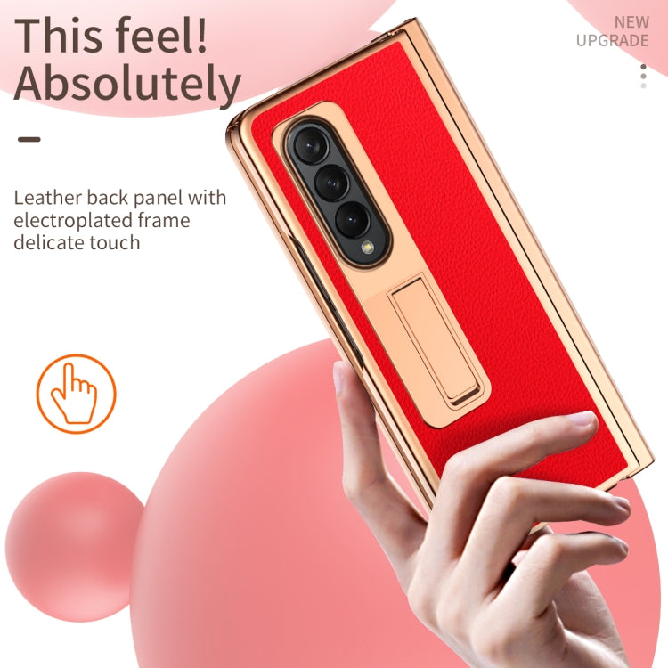 For Samsung Galaxy Z Fold4 Litchi Texture Leather Hinged Electroplated Phone Case with Pen