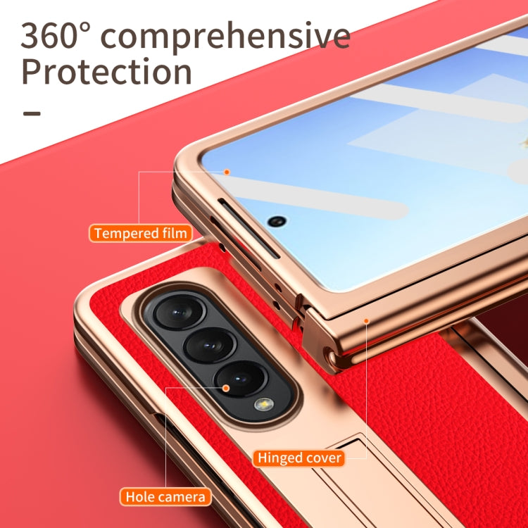 For Samsung Galaxy Z Fold4 Litchi Texture Leather Hinged Electroplated Phone Case with Pen