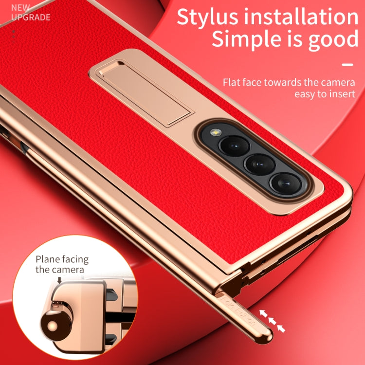 For Samsung Galaxy Z Fold4 Litchi Texture Leather Hinged Electroplated Phone Case with Pen