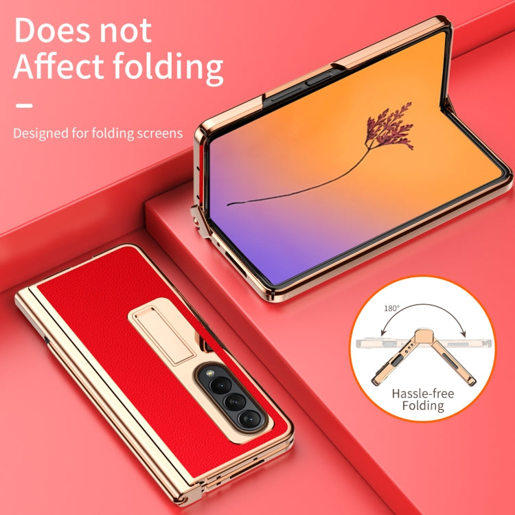 For Samsung Galaxy Z Fold4 Litchi Texture Leather Hinged Electroplated Phone Case with Pen