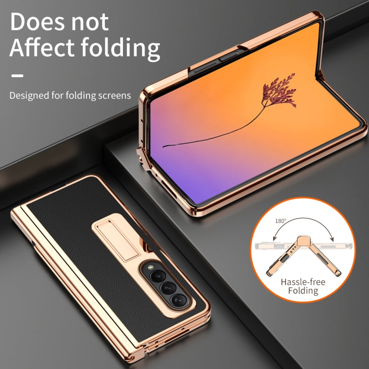 For Samsung Galaxy Z Fold4 Litchi Texture Leather Hinged Electroplated Phone Case with Pen