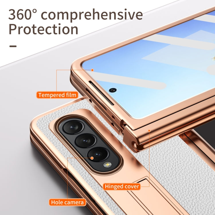 For Samsung Galaxy Z Fold4 Litchi Texture Leather Hinged Electroplated Phone Case with Pen