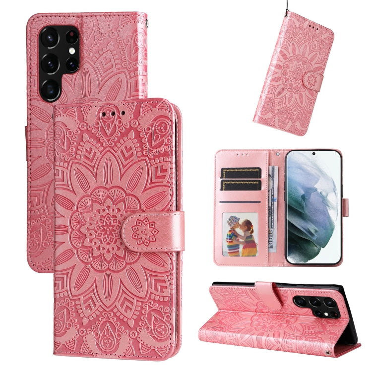 For Samsung Galaxy S22 Ultra 5G Embossed Sunflower Leather Phone Case