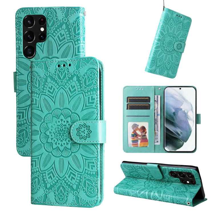 For Samsung Galaxy S22 Ultra 5G Embossed Sunflower Leather Phone Case