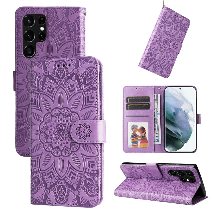 For Samsung Galaxy S22 Ultra 5G Embossed Sunflower Leather Phone Case