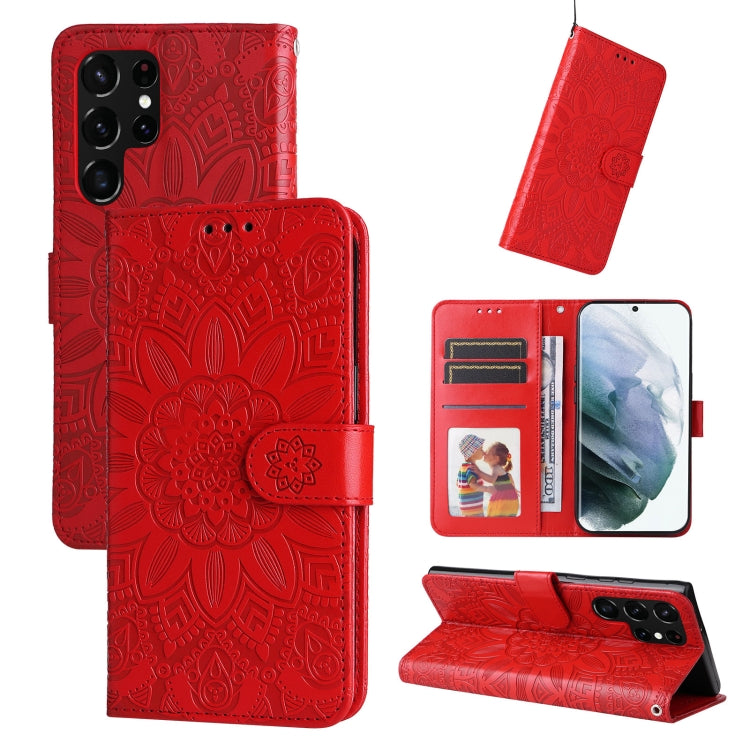 For Samsung Galaxy S22 Ultra 5G Embossed Sunflower Leather Phone Case