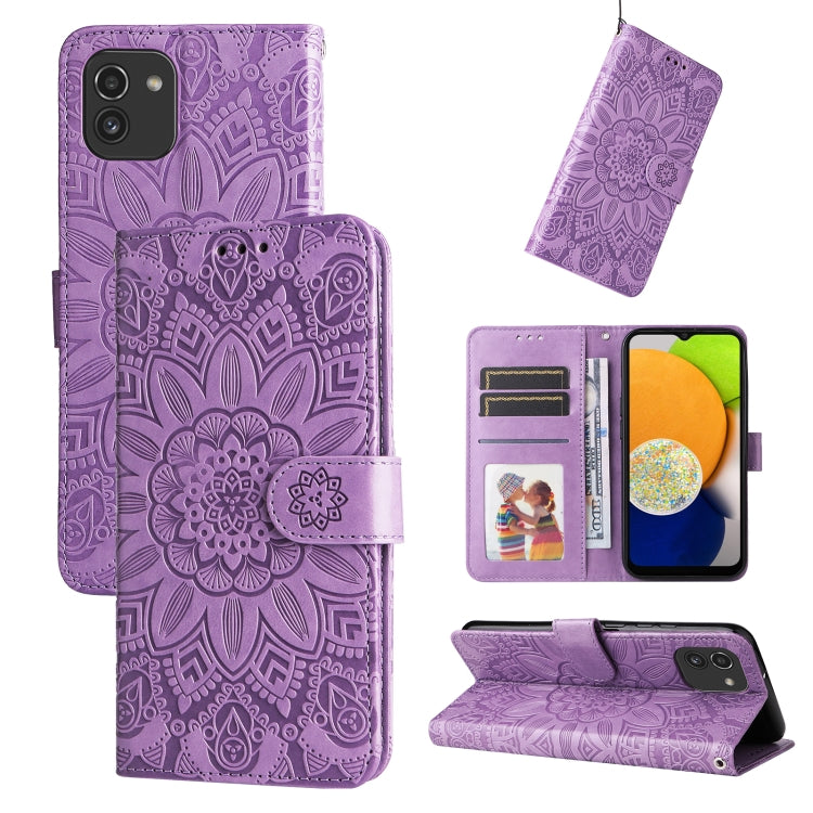 For Samsung Galaxy A03 EU 166mm Embossed Sunflower Leather Phone Case