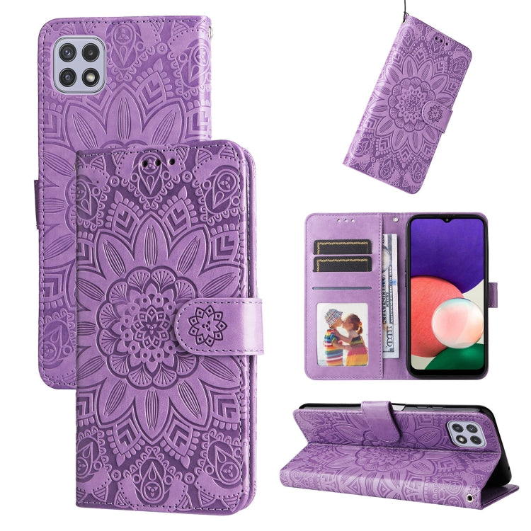 For Samsung Galaxy A22 5G Embossed Sunflower Leather Phone Case