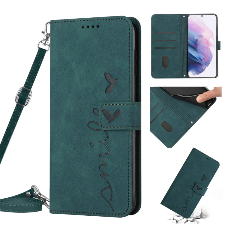 For Samsung Galaxy S21+ Skin Feel Heart Pattern Leather Phone Case With Lanyard