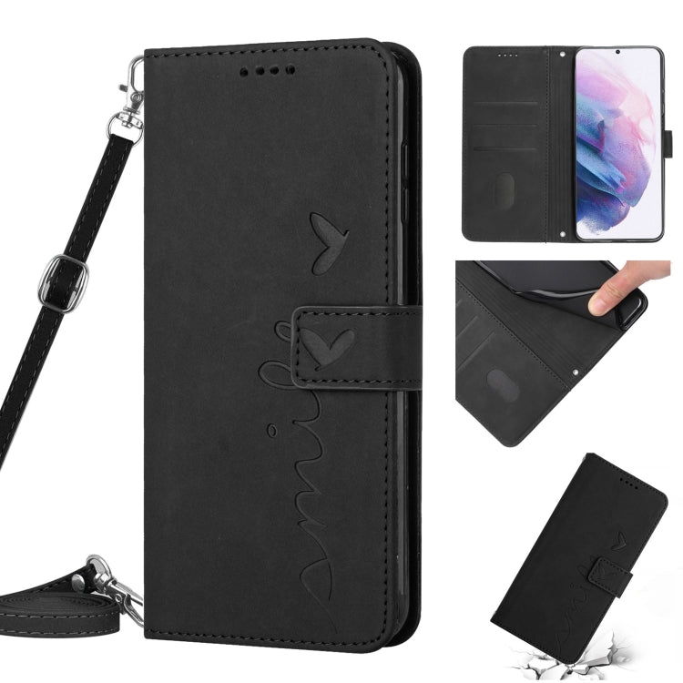 For Samsung Galaxy S21+ Skin Feel Heart Pattern Leather Phone Case With Lanyard