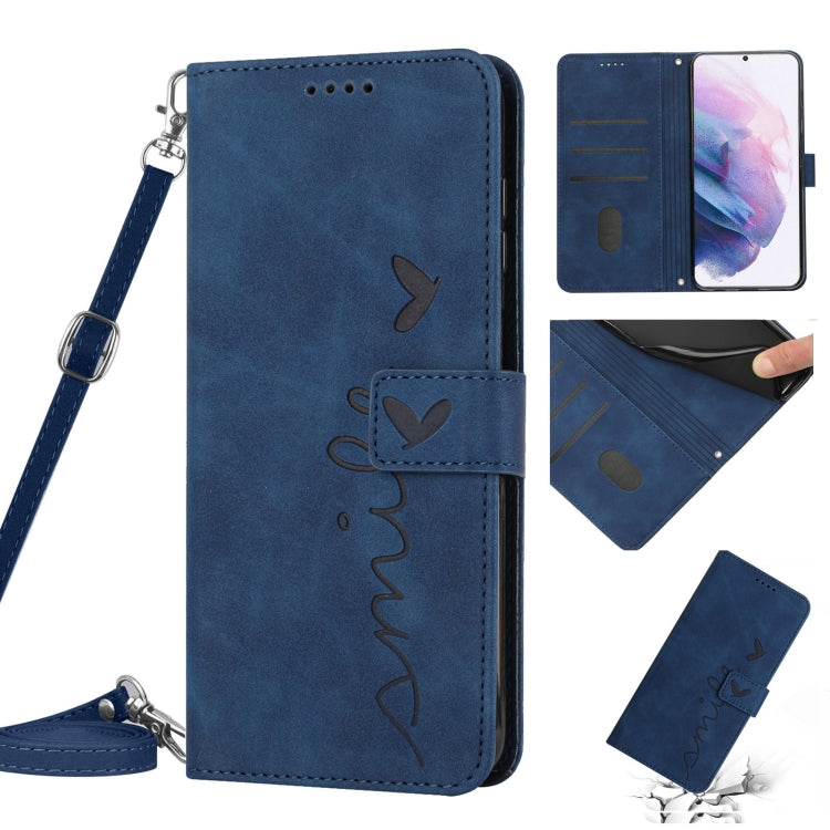 For Samsung Galaxy S21+ Skin Feel Heart Pattern Leather Phone Case With Lanyard