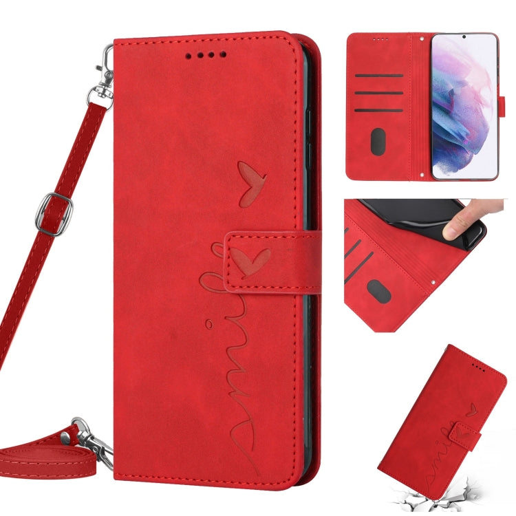 For Samsung Galaxy S21+ Skin Feel Heart Pattern Leather Phone Case With Lanyard