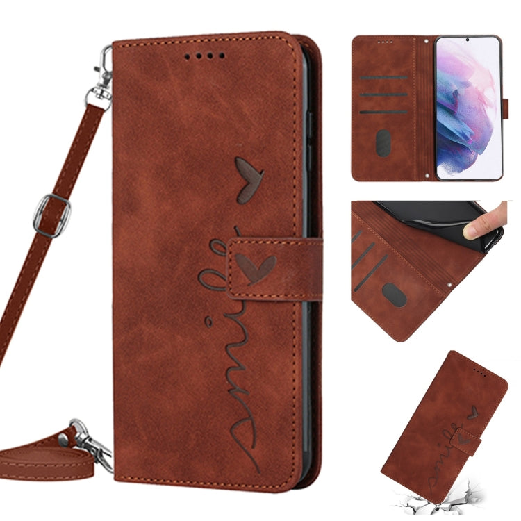 For Samsung Galaxy S21+ Skin Feel Heart Pattern Leather Phone Case With Lanyard