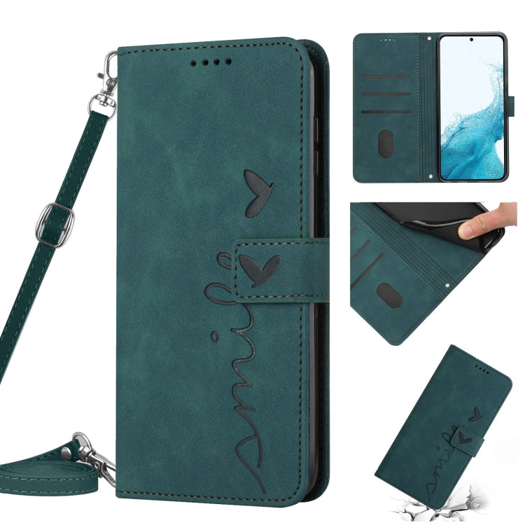 For Samsung Galaxy S22 Skin Feel Heart Pattern Leather Phone Case With Lanyard