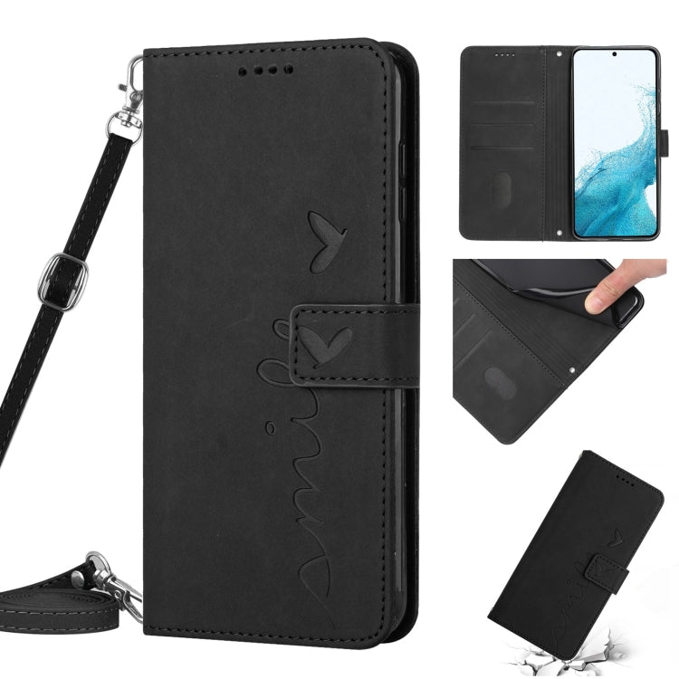 For Samsung Galaxy S22 Skin Feel Heart Pattern Leather Phone Case With Lanyard