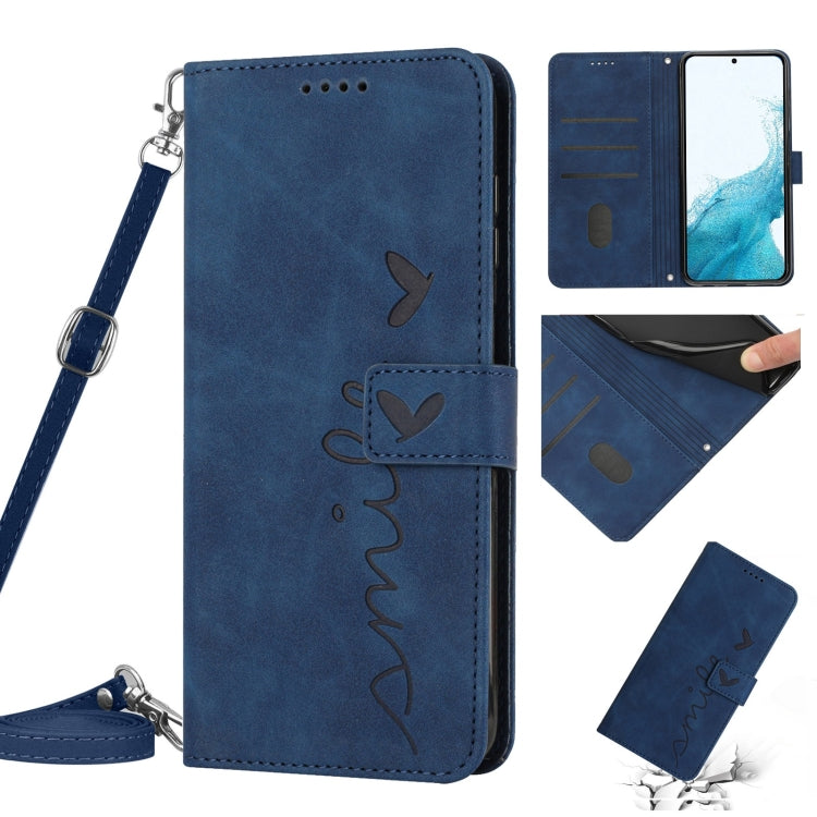 For Samsung Galaxy S22 Skin Feel Heart Pattern Leather Phone Case With Lanyard